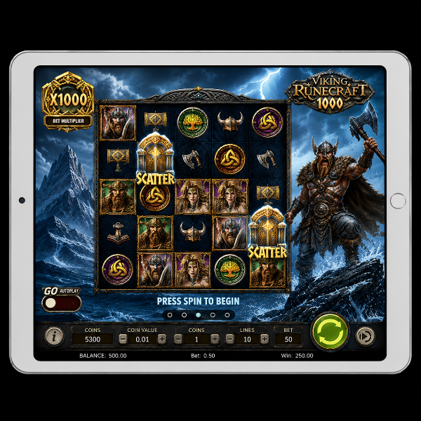 An image of a silver ipad on a black background with a VIKING RUNECRAFT image on the screen