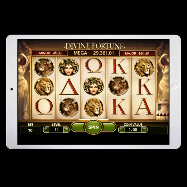 An image of a silver ipad on a black background with a DIVINE FORTUNE online slot image on the screen