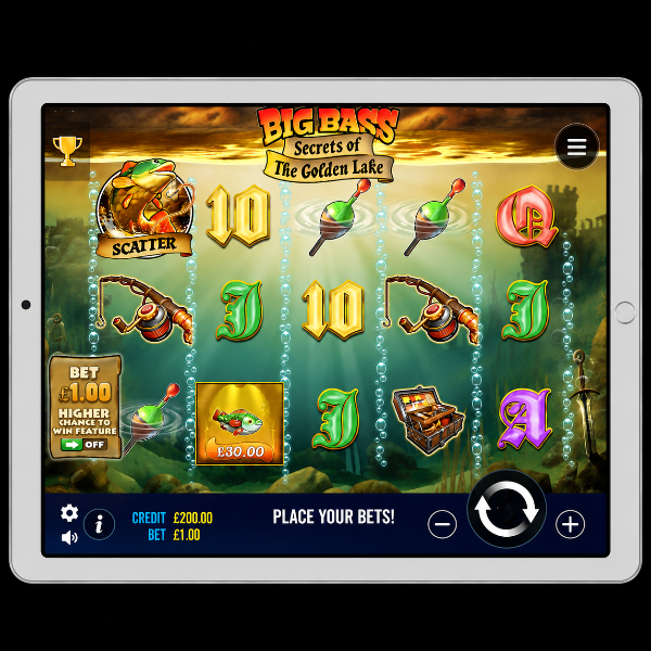 An image of a silver ipad on a black background with an onscreen image of the BIG BASS SECRETS OF THE GOLDEN LAKE online slot game