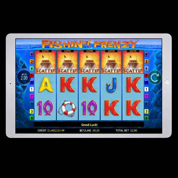 An image of a silver ipd on a black background, on the screen is a FISHIN' FRENZY online slot game image