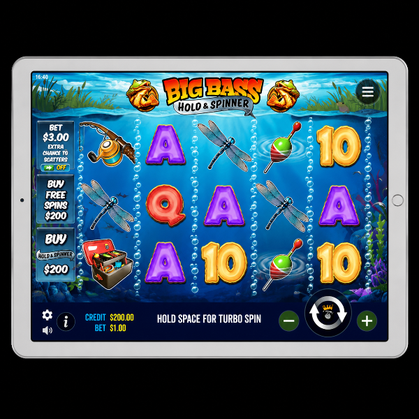 An image of a silver ipad on a black background with an onscreen image of BIG BASS HOLD & SPINNER online slot game