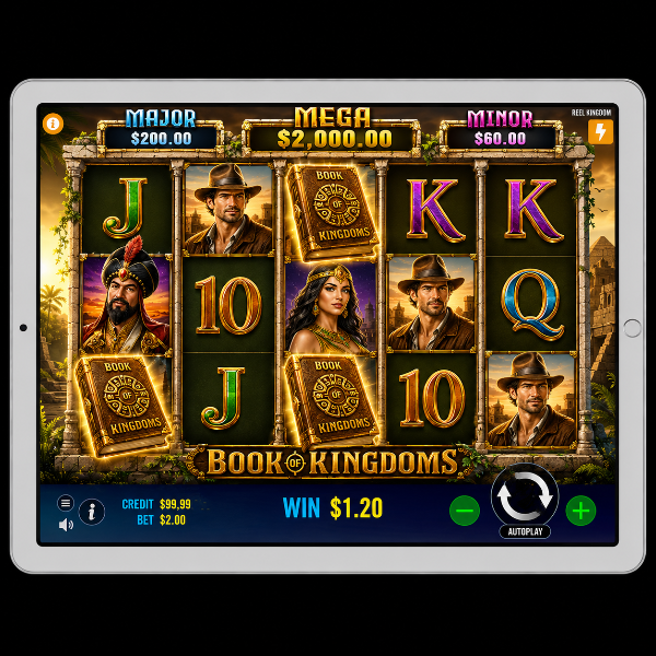 An image of a silver ipad on a black background with an onscreen image of BOOK OF KINGDOMS online slot game