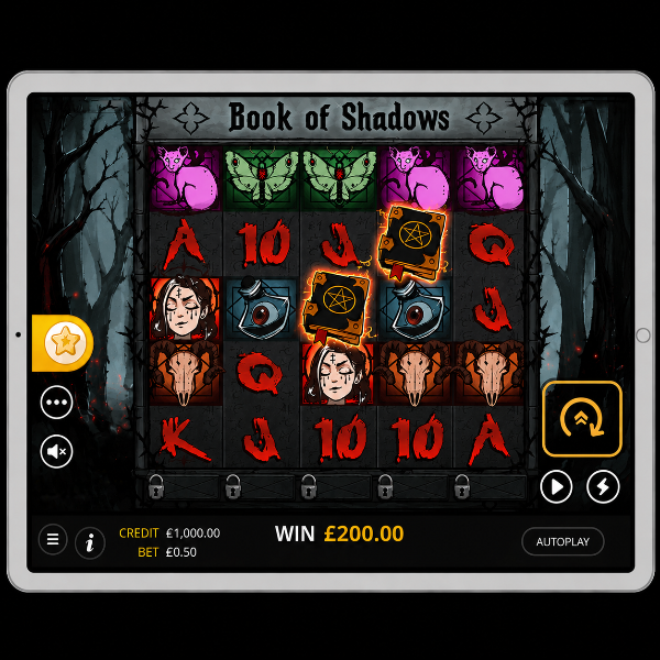 An image of a silver ipad on a black background with an onscreen image of BOOK OF SHADOWS online slot game