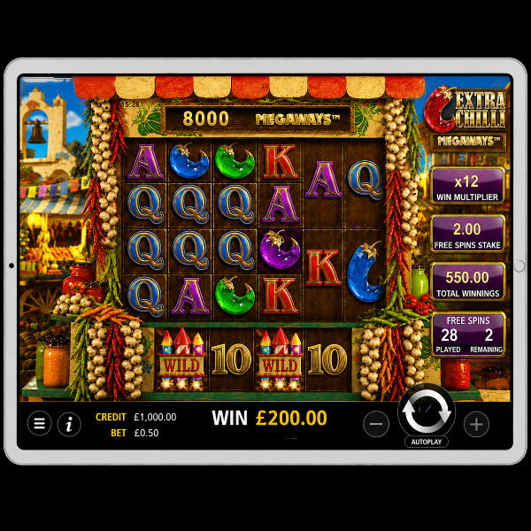 An image of a silver ipad on a black background, on the screen is an image of EXTRA CHILLI MEGAWAYS online slot game