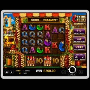 An image of a silver ipad on a black background, on the screen is an image of EXTRA CHILLI MEGAWAYS online slot game