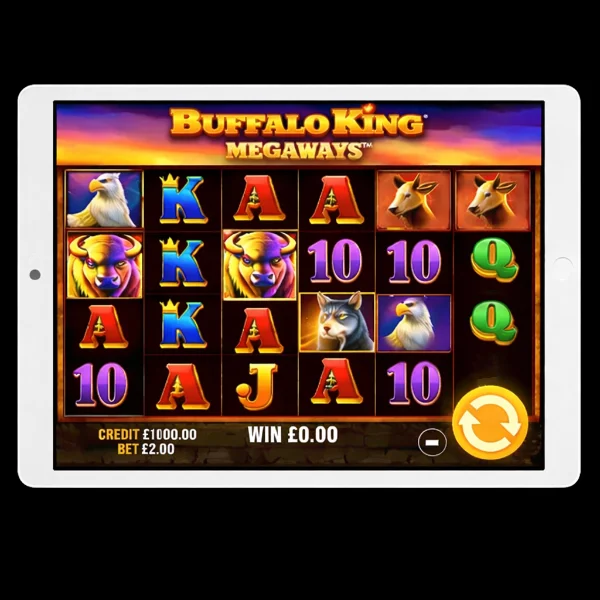 An image of a silver ipad on a black background, on the screen is a BUFFALO KING MEGAWAYS online slot game image