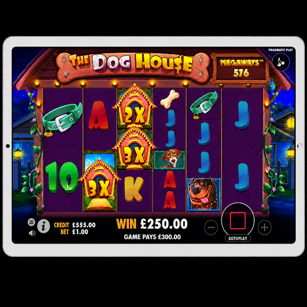 An image of a silver ipad on a black background with THE DOG HOUSE MEGAWAYS online slot game on the screen