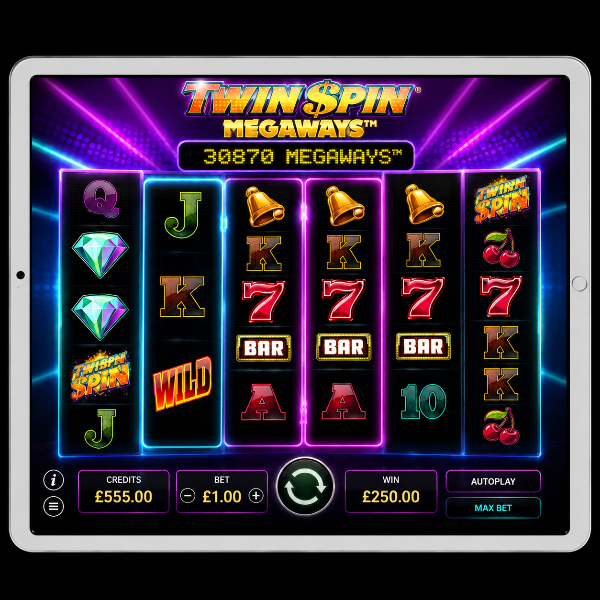An image of a silver ipad on a black background, on the screen is TWINS SPIN MEGAWAYS online slot game