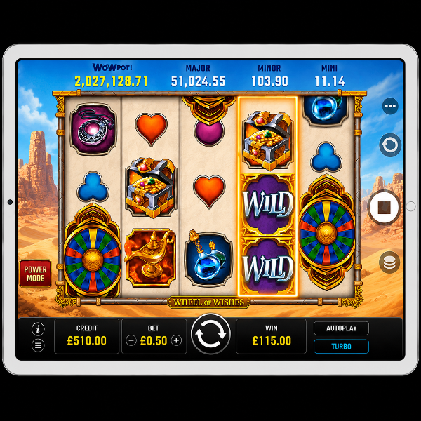 An image of a silver ipad on a black background with a WHEEL OF WISHES online slot game image on the screen