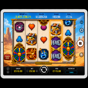 An image of a silver ipad on a black background with a WHEEL OF WISHES online slot game image on the screen