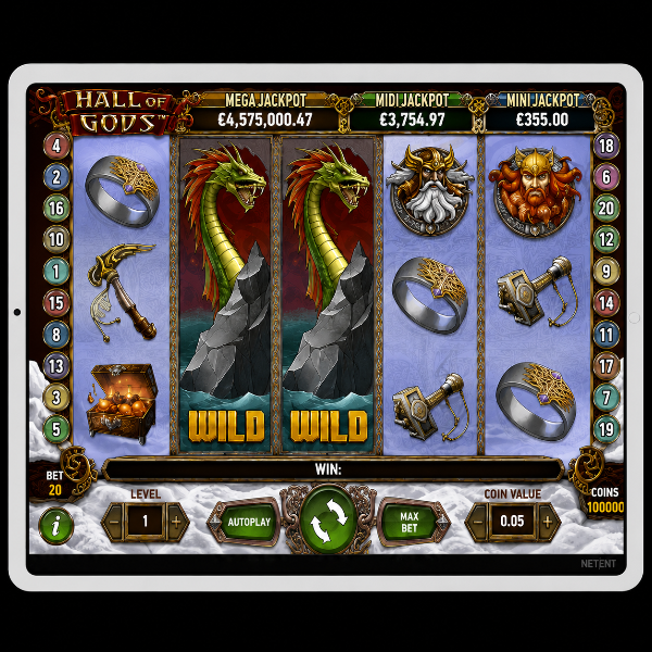 An image of a silver ipad on a black background, on the screen is HALL OF GODS online slot game image