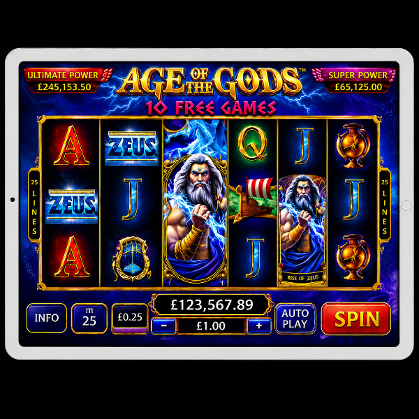 An image of a silver ipad on a black background, with an AGE OF THE GODS online slot game image on the screen
