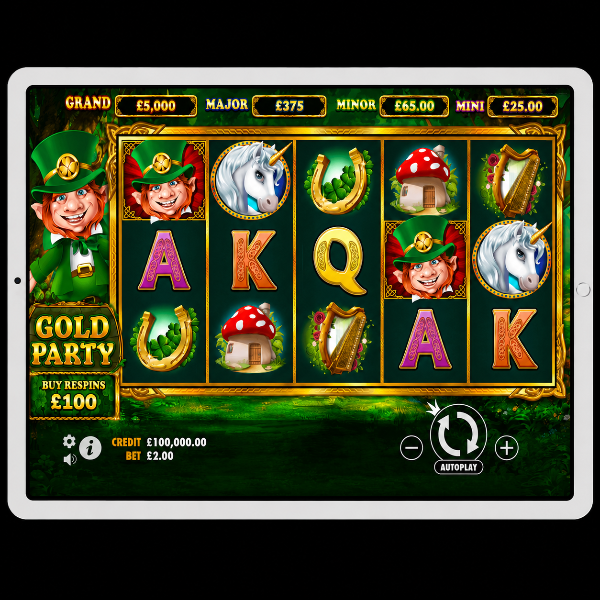 An image of a silver ipad on a black background, on the screen is an image of GOLD PARTY online slot game
