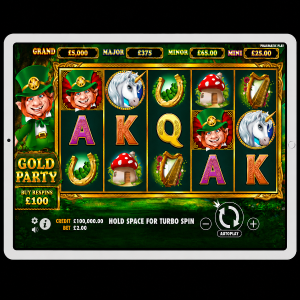 An image of a silver ipad on a black background, on the screen is an image of GOLD PARTY online slot game