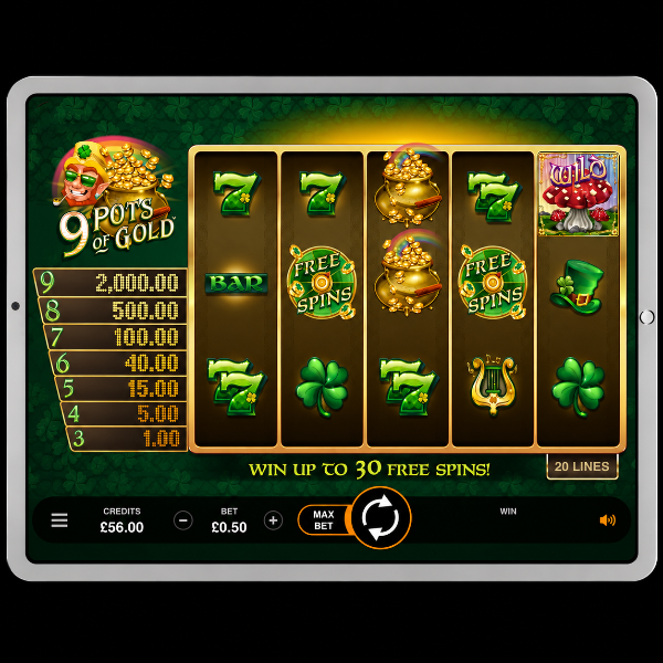 An image of a silver ipad on a black background, on the screen is an image of 9 POTS OF GOLD online slot game