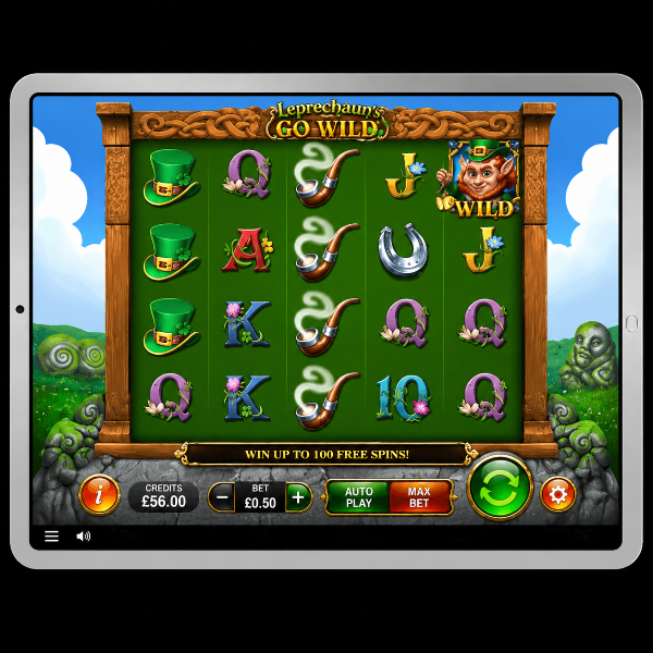 An image of a silver ipad on a black background, on the screen is an online slot game image of LEPRECHAUNS GO WILD