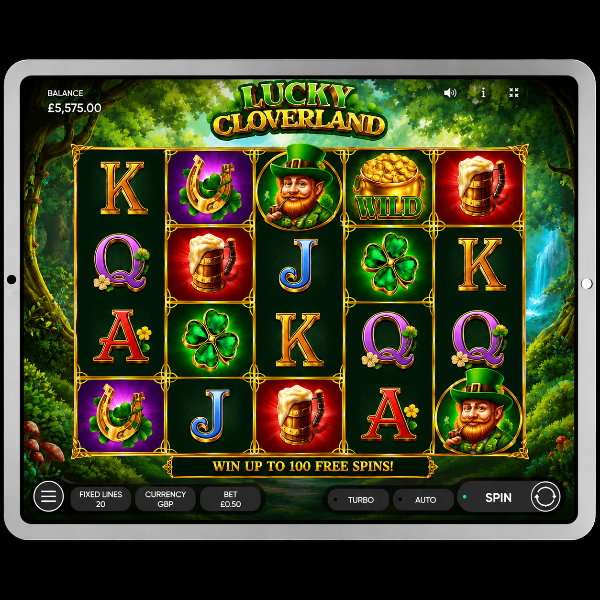 An image of a silver ipad on a black background, on the screen is an image of LUCKY CLOVERLAND online slot game