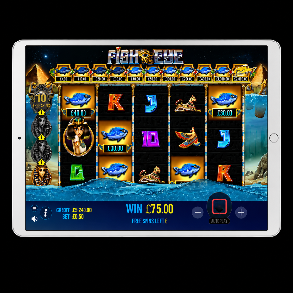 An image of a silver ipad on a black background, on the screen is the online slot game FISH EYE