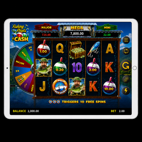 An image of a silver ipad on a black background, on the sreen is a FISHING FLOATS OF CASH online slot game image