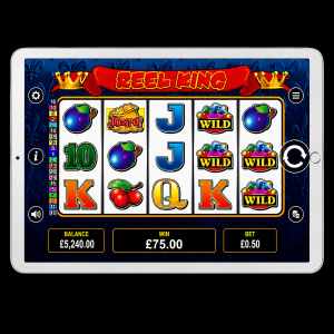 An image of a silver ipad on a black background, on the screen is an online slot game image of REEL KING