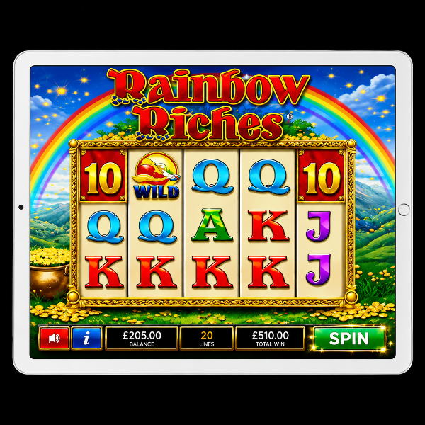 An image of a silver ipad on a black background, on the screen is a RAINBOW RICHES online slot game image