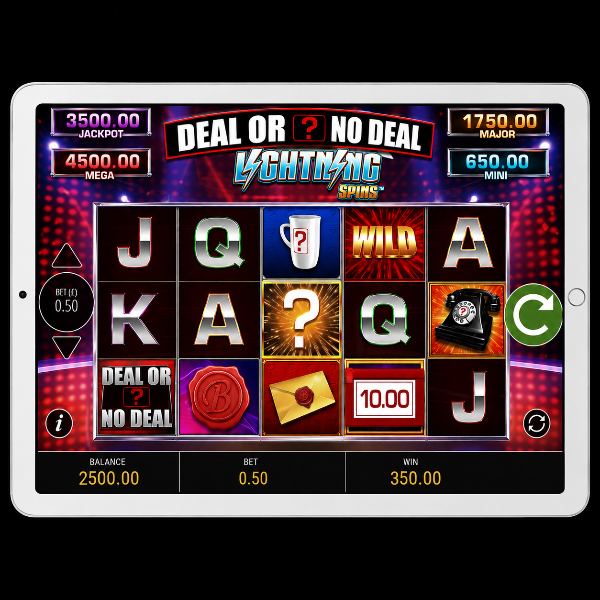An image of a silver ipad on a black background, on the screen is a DEAL OR NO DEAL LIGHTNING SPINS online slot game image