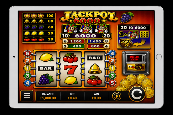 An image of a silver ipad on a black background with a JACKPOT 6000 image on the screen