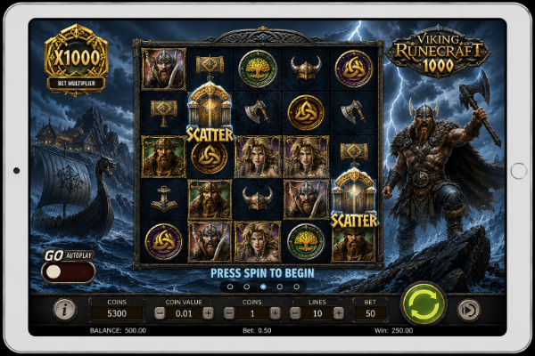 An image of a silver ipad on a black background with a VIKING RUNECRAFT image on the screen