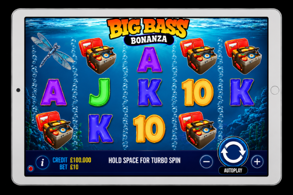 An image of a silver ipad on a black background with a BIG BASS BONANZA online slot game image on the screen