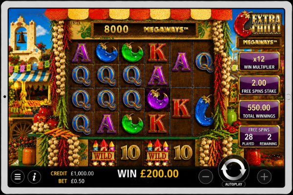 An image of a silver ipad on a black background, on the screen is an image of EXTRA CHILLI MEGAWAYS online slot game