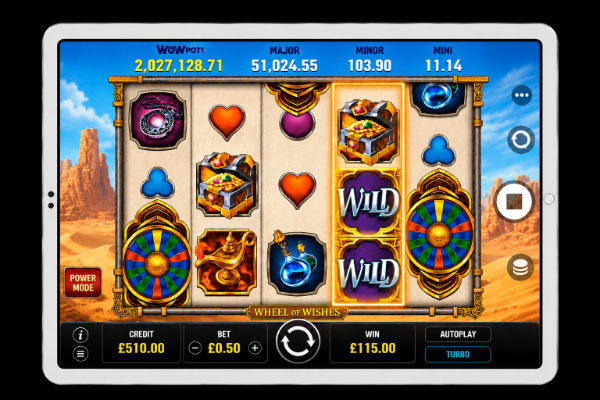 An image of a silver ipad on a black background with a WHEEL OF WISHES online slot game image on the screen
