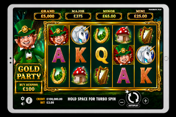 An image of a silver ipad on a black background, on the screen is an image of GOLD PARTY online slot game