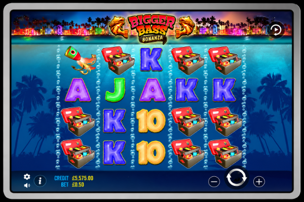 An image of a silver ipad on a black background, on the screen is a BIGGER BASS BONANZA online slot game image