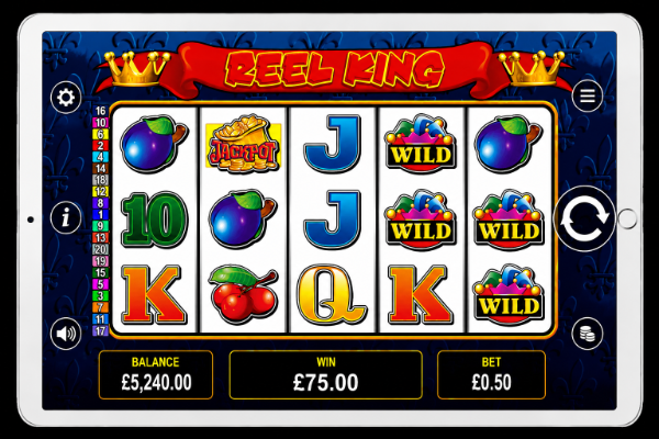 An image of a silver ipad on a black background, on the screen is an online slot game image of REEL KING
