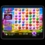 An image of a silver pad on a black background with an online slot game image of FRUIT PARTY