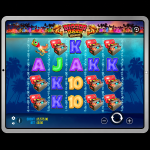 An image of a silver ipad on a black background, on the screen is an online slot game image of BIGGER BASS BONANZA