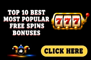 Top 10 Best Most Popular Free Spins Bonuses image with black background, free spins bonuses icon and white text