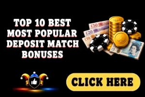 Top 10 Best Most Popular Deposit Match Bonuses image with black background, deposit match bonuses icon and white text