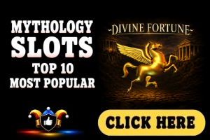 Mythology Slots image with black background, Divine Fortune game logo and white text