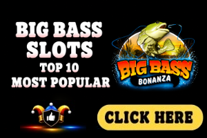 Big Bass Slots image with black background, Big Bass Bonanza game logo and white text
