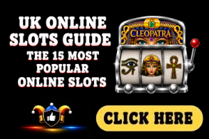 UK Online Slots Guide image with black background, Cleopatra themed silver slot machine and white text