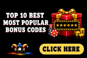 Top 10 Best Most Popular Bonus Codes image with black background, bonus codes red box icon and white text