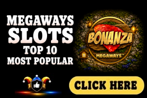 Megaways Slots image with black background, Bonanza Megaways game logo and white text