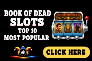Book of Dead Slots image with black background, Book of Dead themed silver slot machine and white text