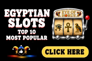 Egyptian Slots image with black background, Eye of Horus themed silver slot machine and white text