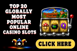 Top 20 Globally Most Popular Online Casino Slots image with black background, Rainbow Riches themed silver slot machine and white text