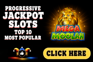 Progressive Jackpot Slots image with black background, Mega Moolah game logo and white text