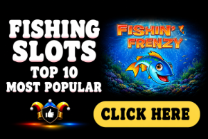 Fishing Slots image with black background, Fishin' Frenzy game logo and white text