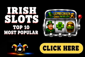 Irish Slots image with black background, Leprechaun Goes Wild silver slot machine and white text