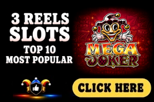 3 Reels Slots image with black background, Mega Joker game logo and white text
